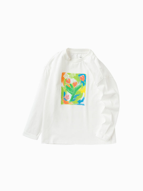 balabala Kids Girl Plant and Flower Rounded V-Neck Long Sleeve T-Shirt 7-14 Years