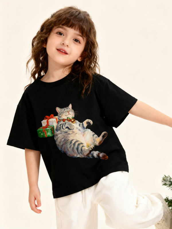 balabala Unisex Kids Christmas Cute Purring Cat T-shirt