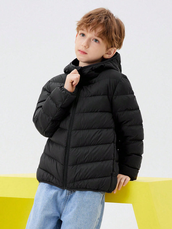 Balabala Boys Winter Thickened Solid Color Hooded Jacket Warm And Soft Zipper Design Down Jacket Black