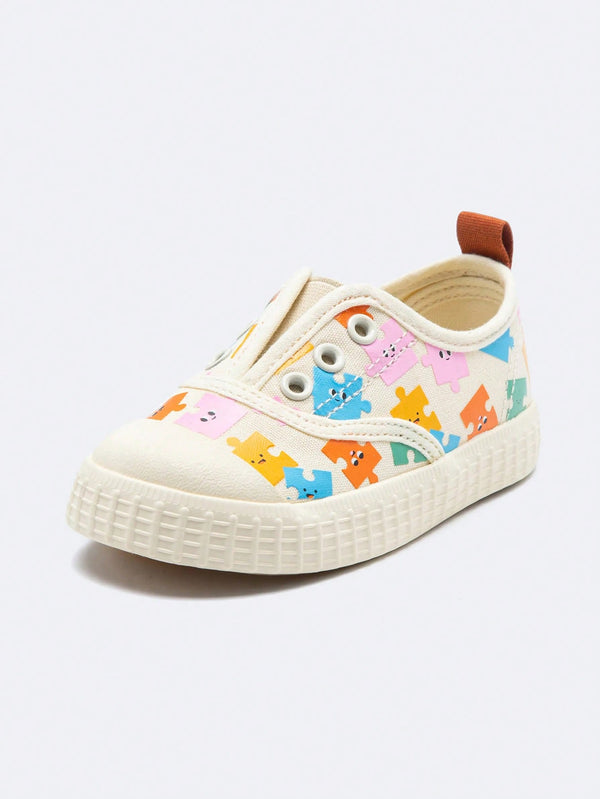 Balabala Girls Cute Colorful Puzzle Printed Comfortable Non-Slip Slip-On Canvas Shoes White