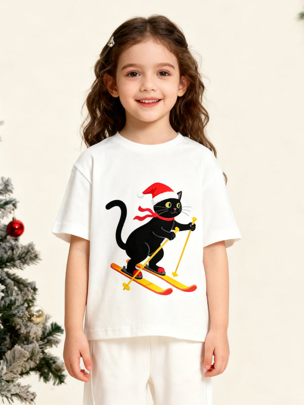 balabala Unisex Kids Christmas Skiing Cat T-shirt