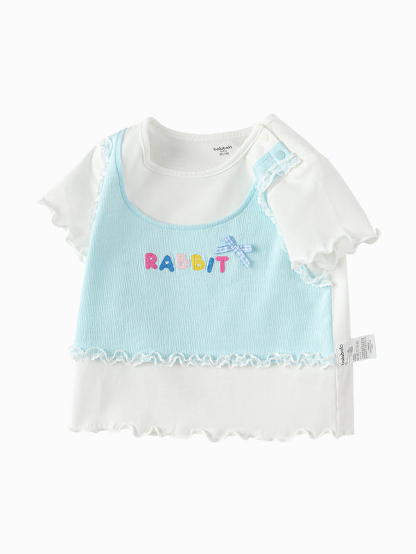 Raw White Baby Girl Round V-Neck Short Sleeve T-Shirt