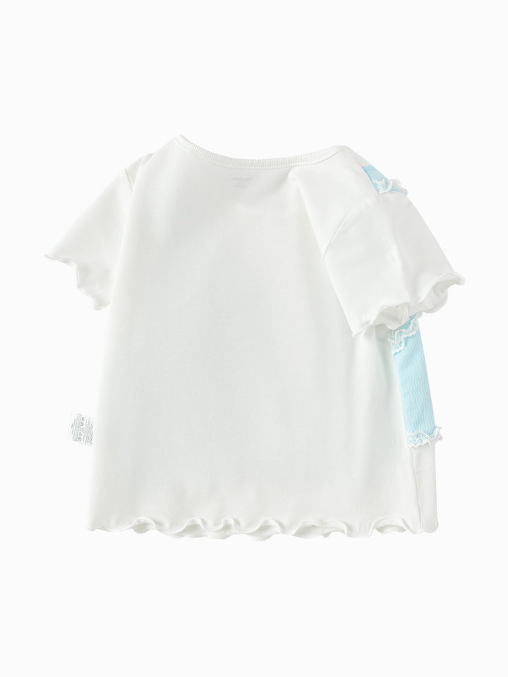 Raw White Baby Girl Round V-Neck Short Sleeve T-Shirt