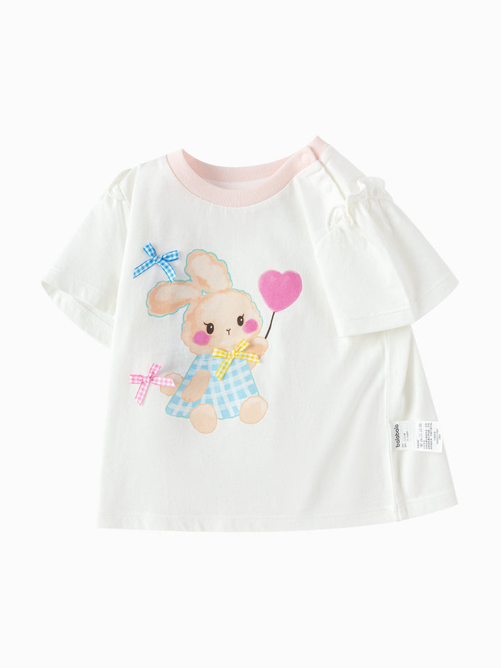 Raw White Baby Girl Round V-Neck Short Sleeve T-Shirt