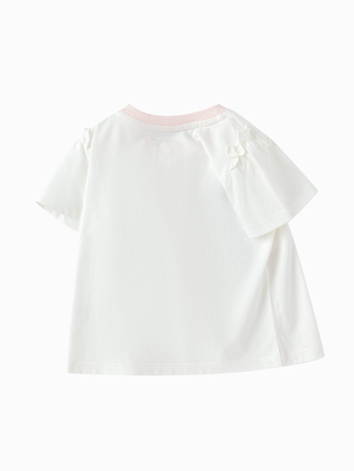 Raw White Baby Girl Round V-Neck Short Sleeve T-Shirt