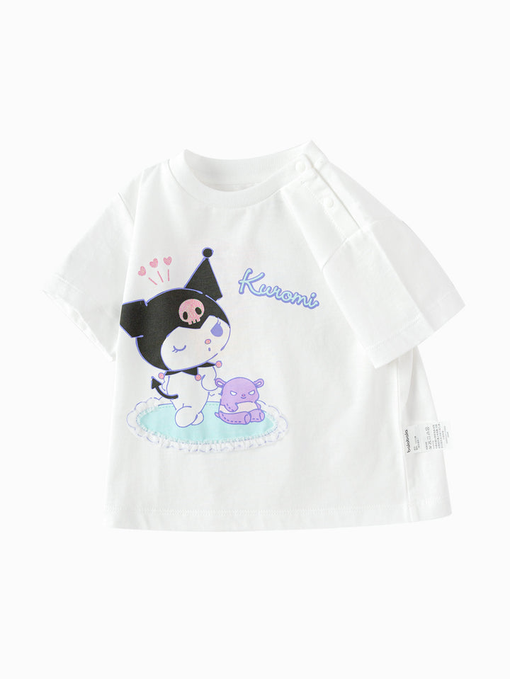 Raw White Baby Girl Round V-Neck Short Sleeve T-Shirt