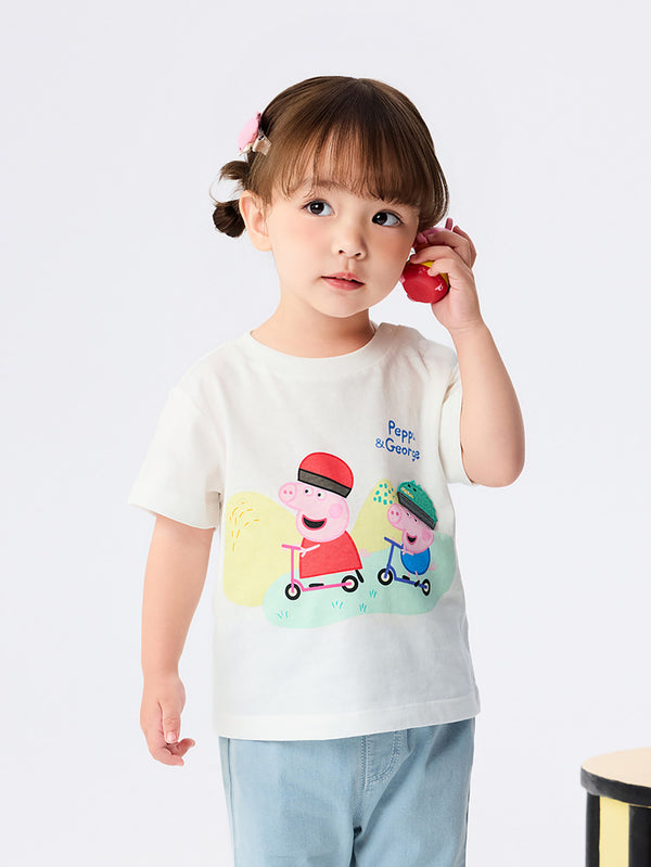 [ IP-Peppa Pig ] تي شيرت بأكمام قصيرة ورقبة دائرية على شكل حرف V للأطفال من الجنسين