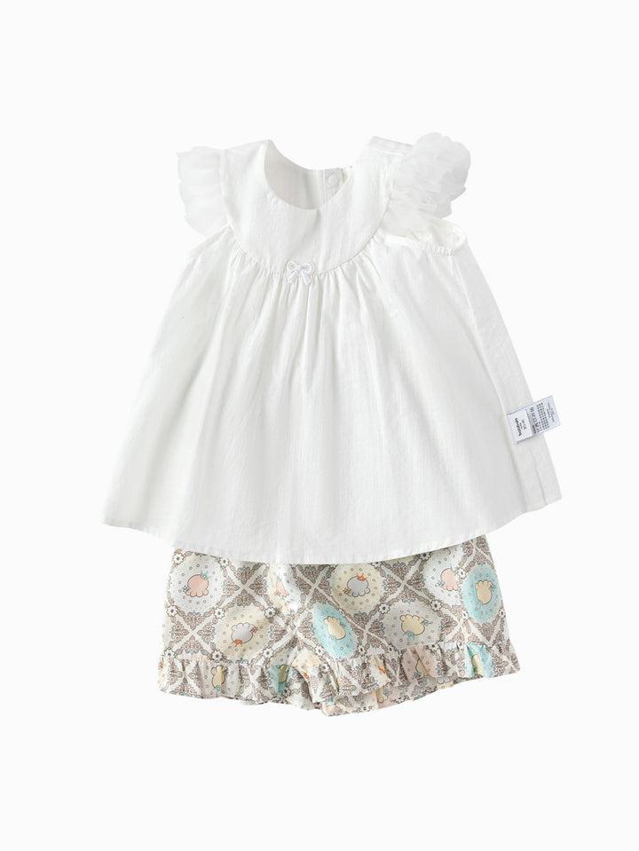 Raw White Baby Girl Woven Short Sleeve Suit