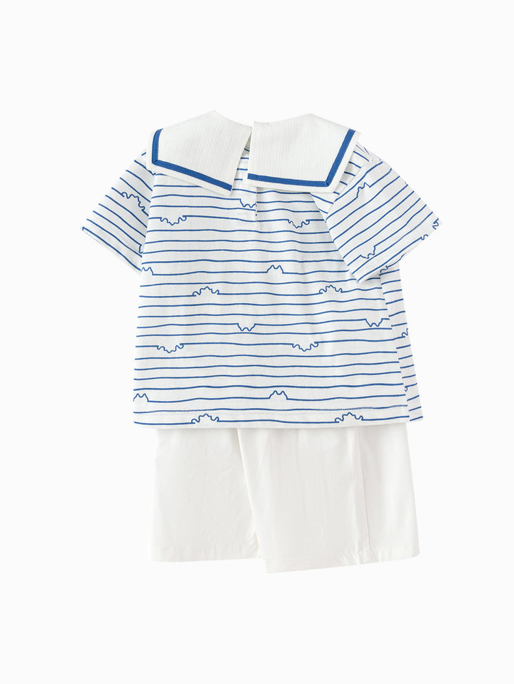 White Blue Baby Boy Knit Short Sleeve Suit