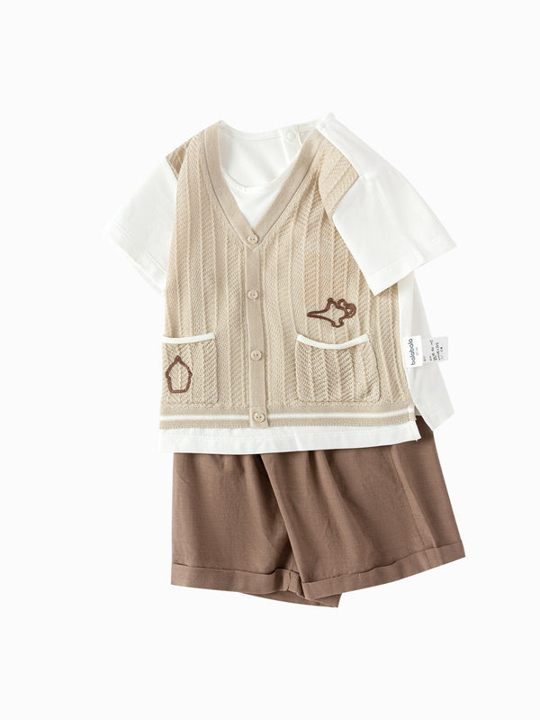 Light Camel Gray Baby Boy Knit Short Sleeve Suit