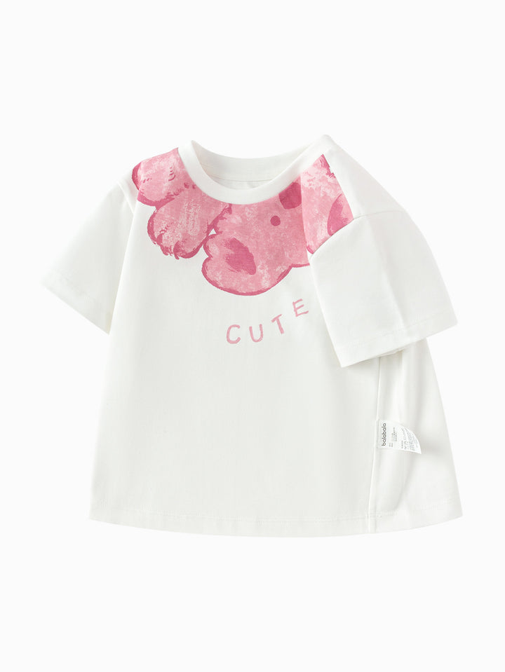 Raw White Baby Girl Round V-Neck Short Sleeve T-Shirt