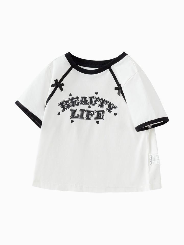 Raw White Baby Girl Round V-Neck Short Sleeve T-Shirt