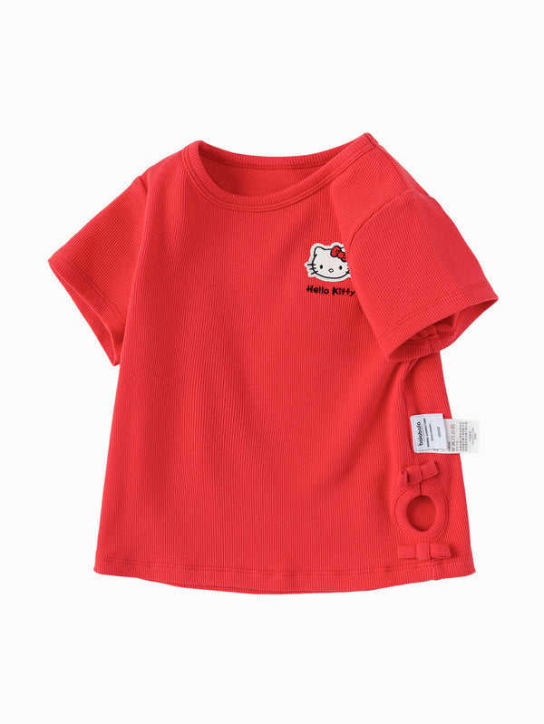 Chinese Red Baby Girl Round V-Neck Short Sleeve T-Shirt