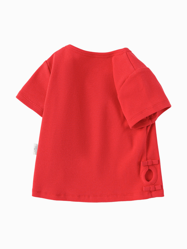 Chinese Red Baby Girl Round V-Neck Short Sleeve T-Shirt