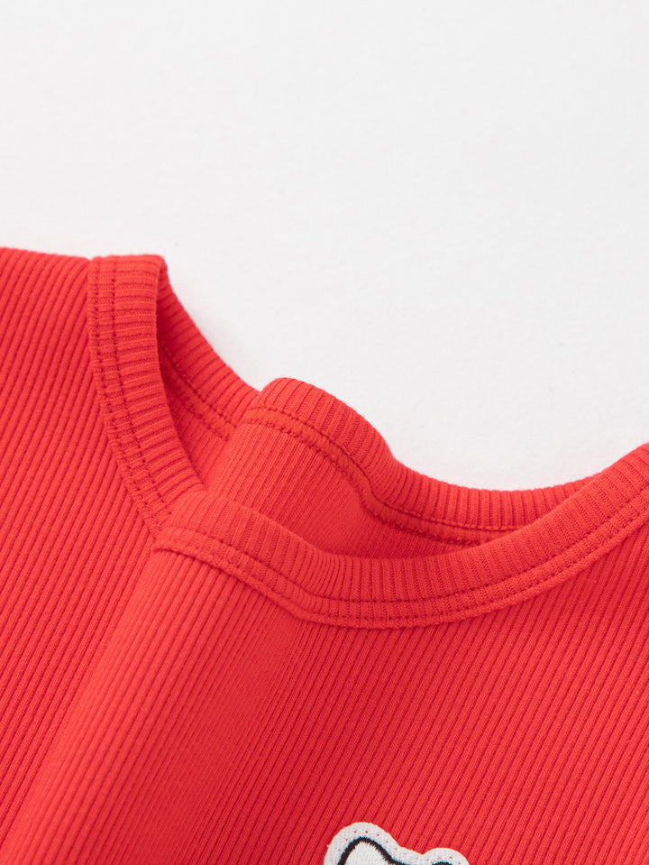 Chinese Red Baby Girl Round V-Neck Short Sleeve T-Shirt