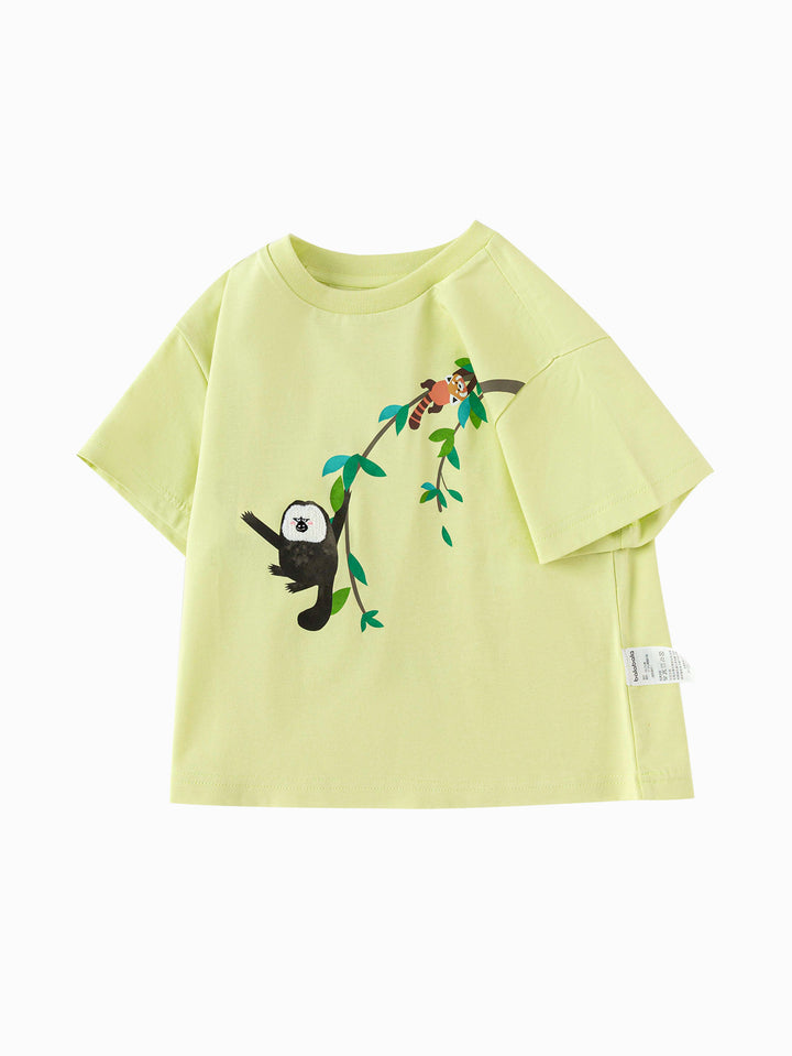 Yellow Green Baby Boy Round V-Neck Short Sleeve T-Shirt