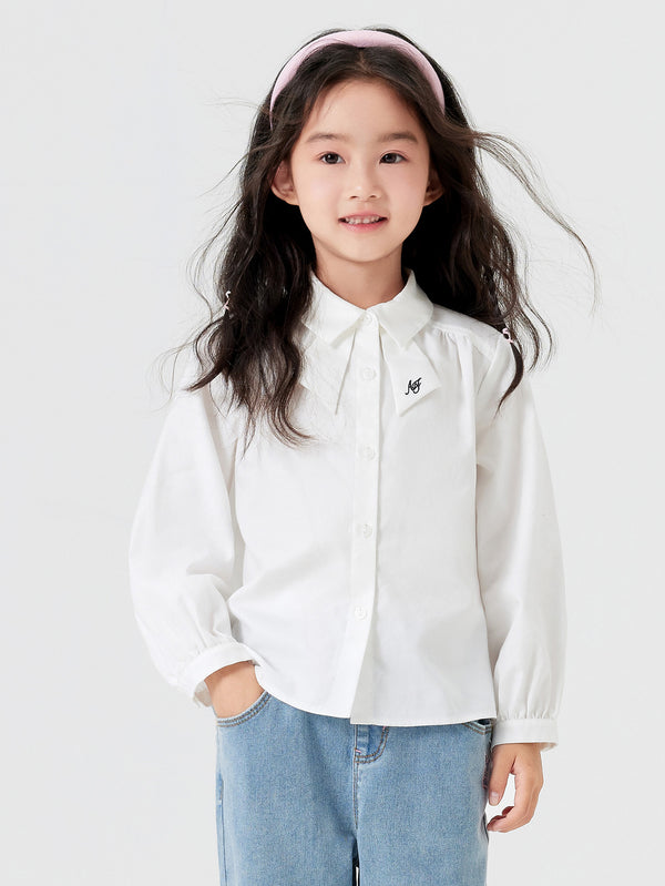 Chemise à manches longues de couleur unie blanche brute pour fille