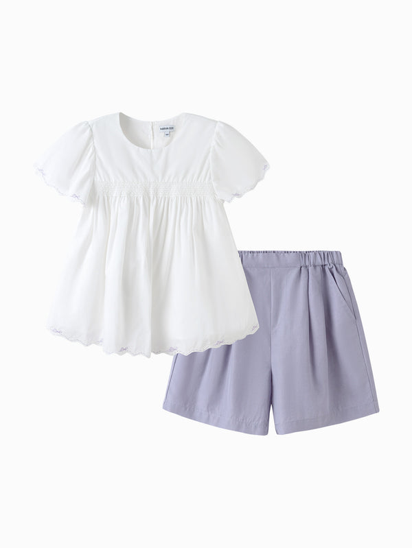 White Purple Toddler Girl Woven Short Sleeve Suit