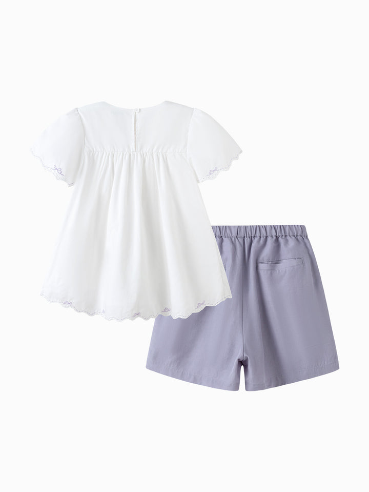 White Purple Toddler Girl Woven Short Sleeve Suit