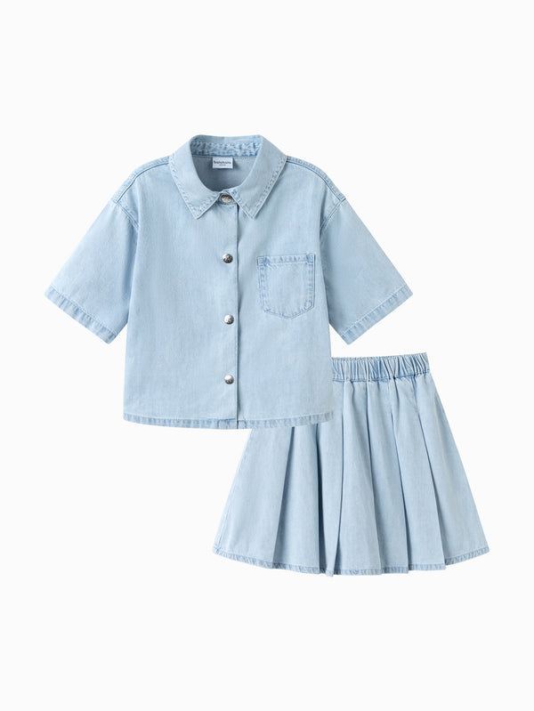 Denim Light Blue Toddler Girl Denim Short Sleeve Suit