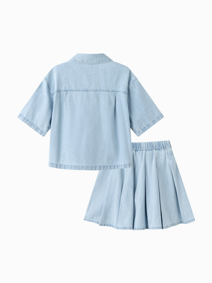 Denim Light Blue Toddler Girl Denim Short Sleeve Suit