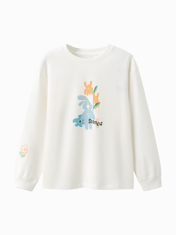 T-shirt à manches longues avec motif lapin blanc brut pour fille