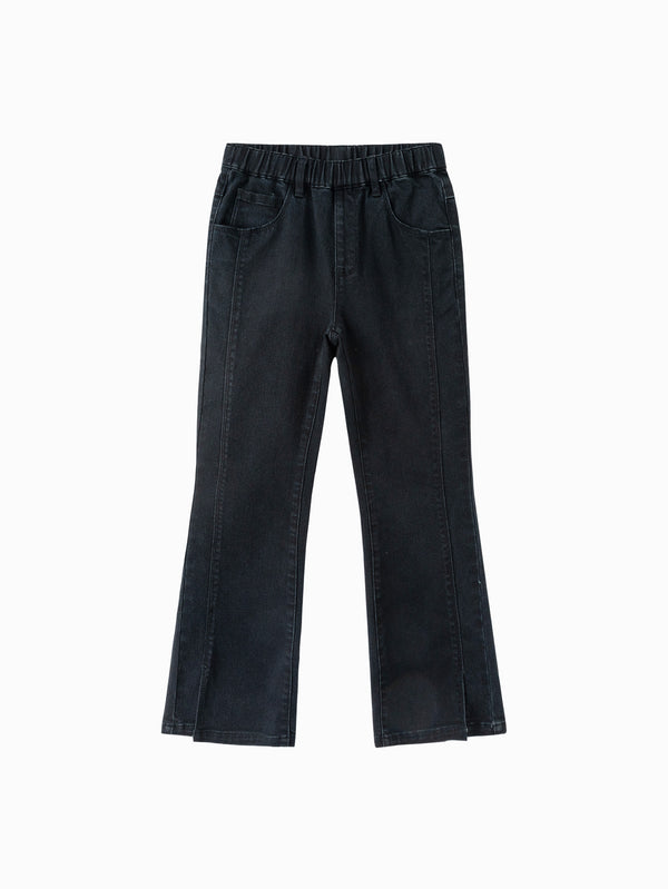 Girl Daily Life Denim Washing Black Solid Color Trousers