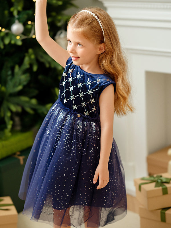 Balabala Kids Girl Blue Hue Sequin Star One-Piece Dress