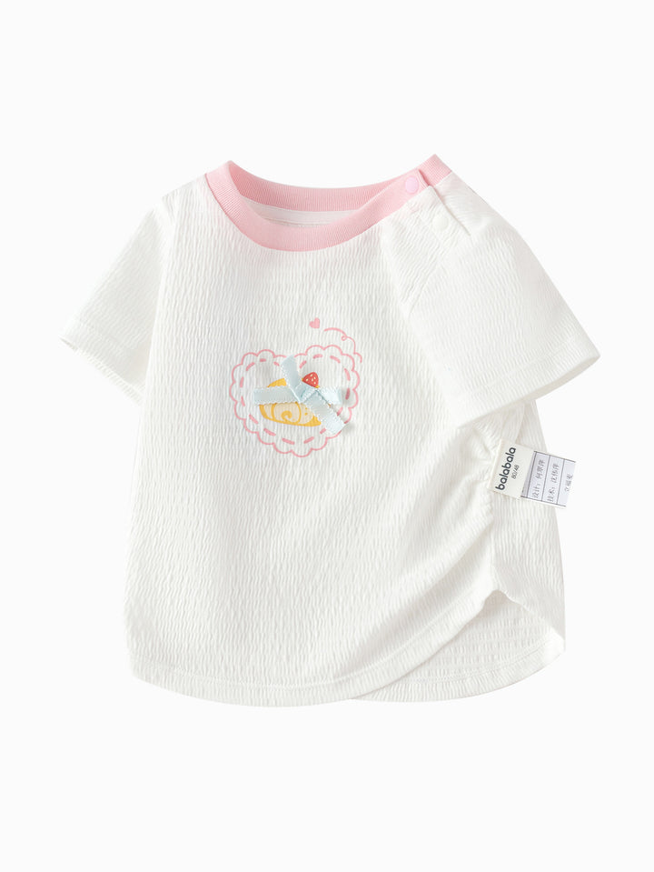 Raw White Baby Girl Round V-Neck Short-Sleeved T-Shirt