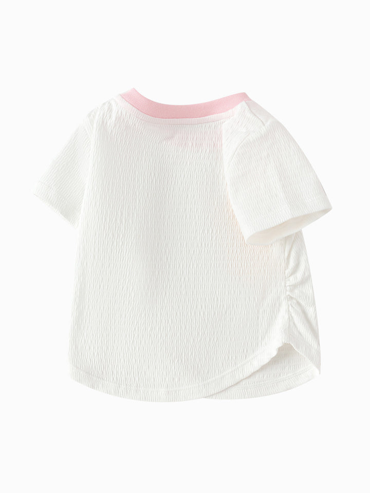 Raw White Baby Girl Round V-Neck Short-Sleeved T-Shirt