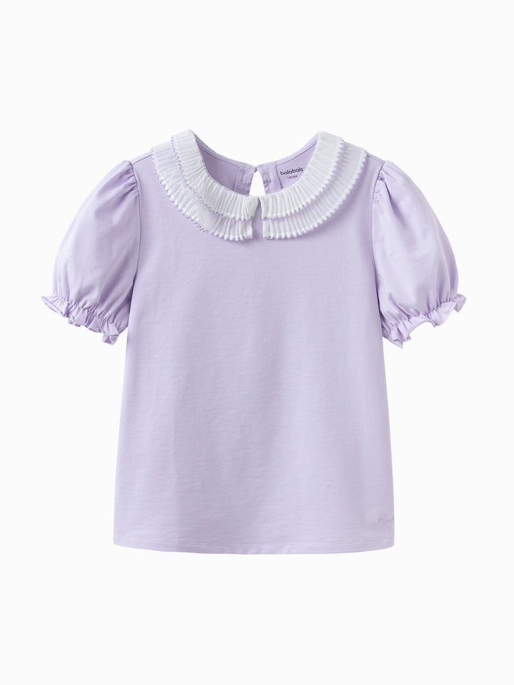 Powder Purple Kids Girl Lapel Short-Sleeved T-Shirt