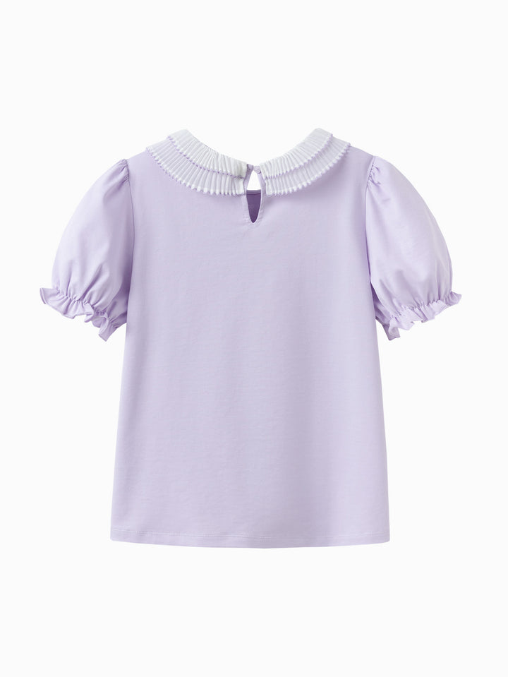 Powder Purple Kids Girl Lapel Short-Sleeved T-Shirt