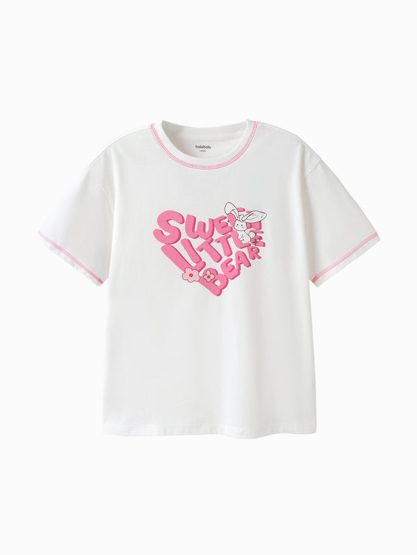 Off-White Kids Girl Round V-Neck Short-Sleeved T-Shirt