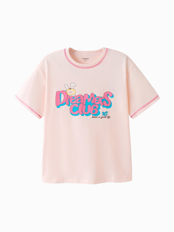 Visions Pink Kids Girl Round V-Neck Short-Sleeved T-Shirt