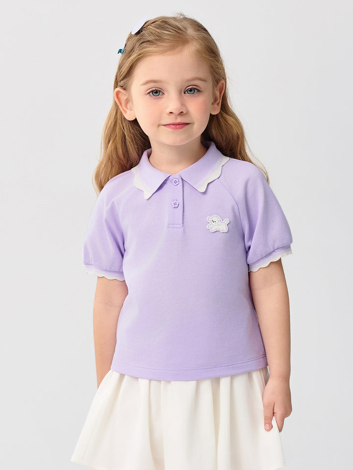 Powder Purple Baby Girl Lapel Short-Sleeved T-Shirt