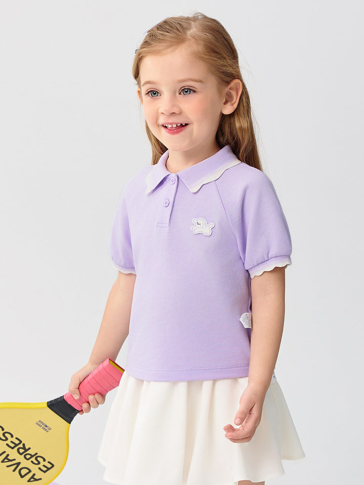 Powder Purple Baby Girl Lapel Short-Sleeved T-Shirt