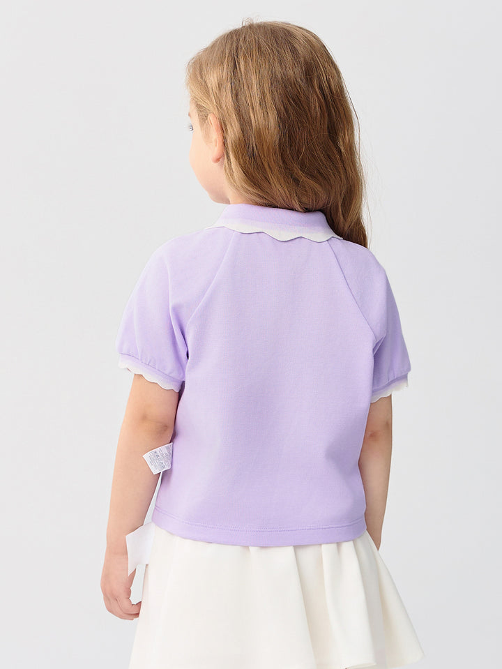 Powder Purple Baby Girl Lapel Short-Sleeved T-Shirt