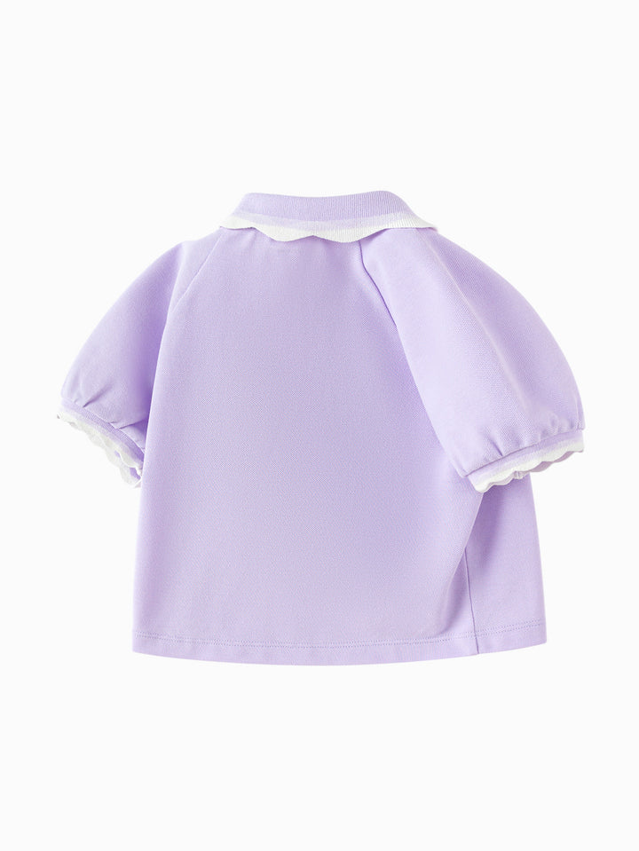 Powder Purple Baby Girl Lapel Short-Sleeved T-Shirt