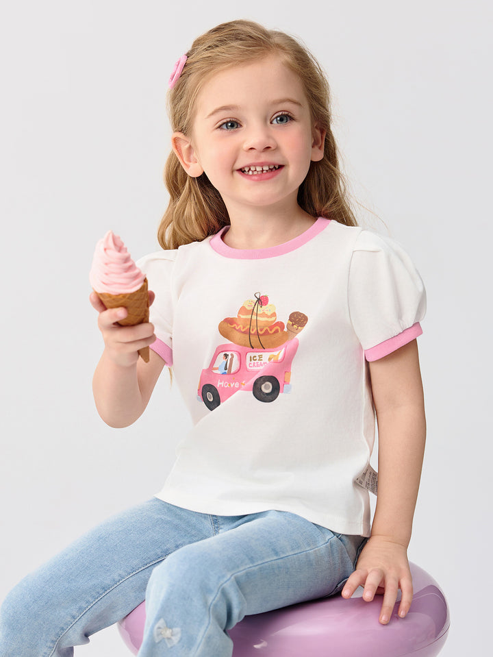 Off-White Baby Girl Round V-Neck Short-Sleeved T-Shirt