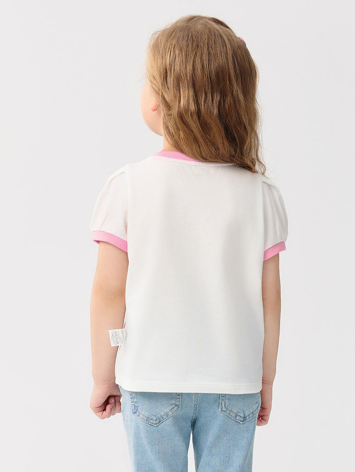 Off-White Baby Girl Round V-Neck Short-Sleeved T-Shirt