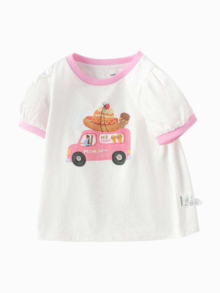 Off-White Baby Girl Round V-Neck Short-Sleeved T-Shirt