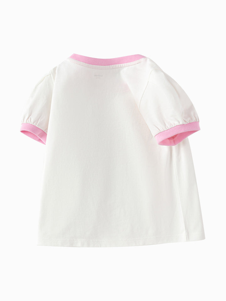 Off-White Baby Girl Round V-Neck Short-Sleeved T-Shirt