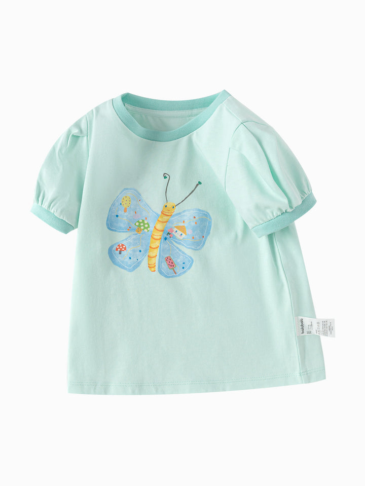 Powder Green Baby Girl Round V-Neck Short-Sleeved T-Shirt