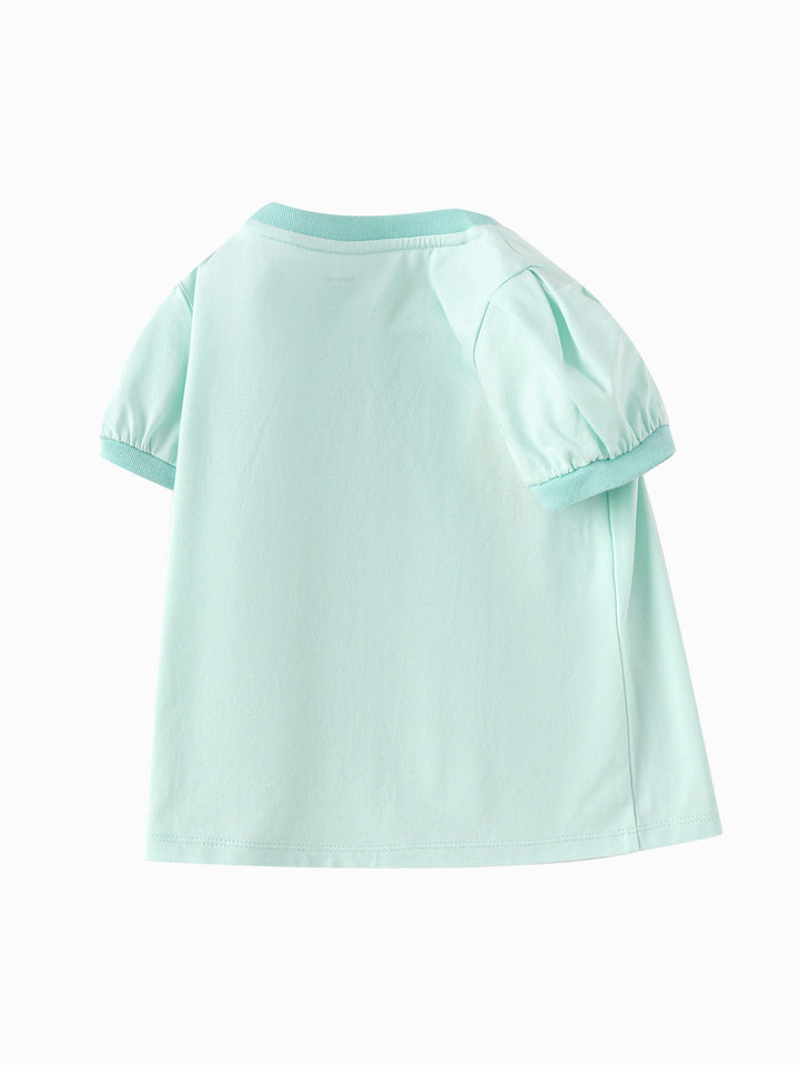 Powder Green Baby Girl Round V-Neck Short-Sleeved T-Shirt