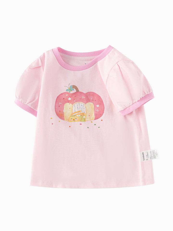 Off-White Baby Girl Round V-Neck Short-Sleeved T-Shirt