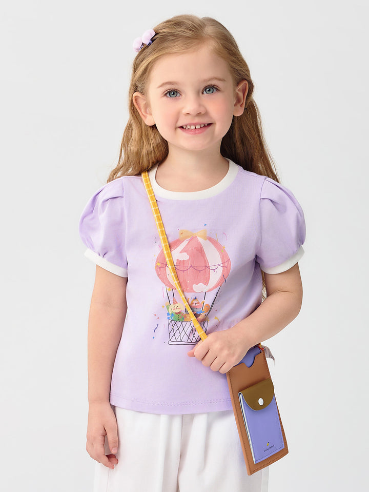 Powder Purple Baby Girl Round V-Neck Short-Sleeved T-Shirt