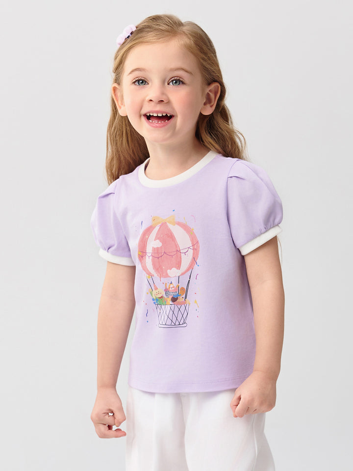 Powder Purple Baby Girl Round V-Neck Short-Sleeved T-Shirt