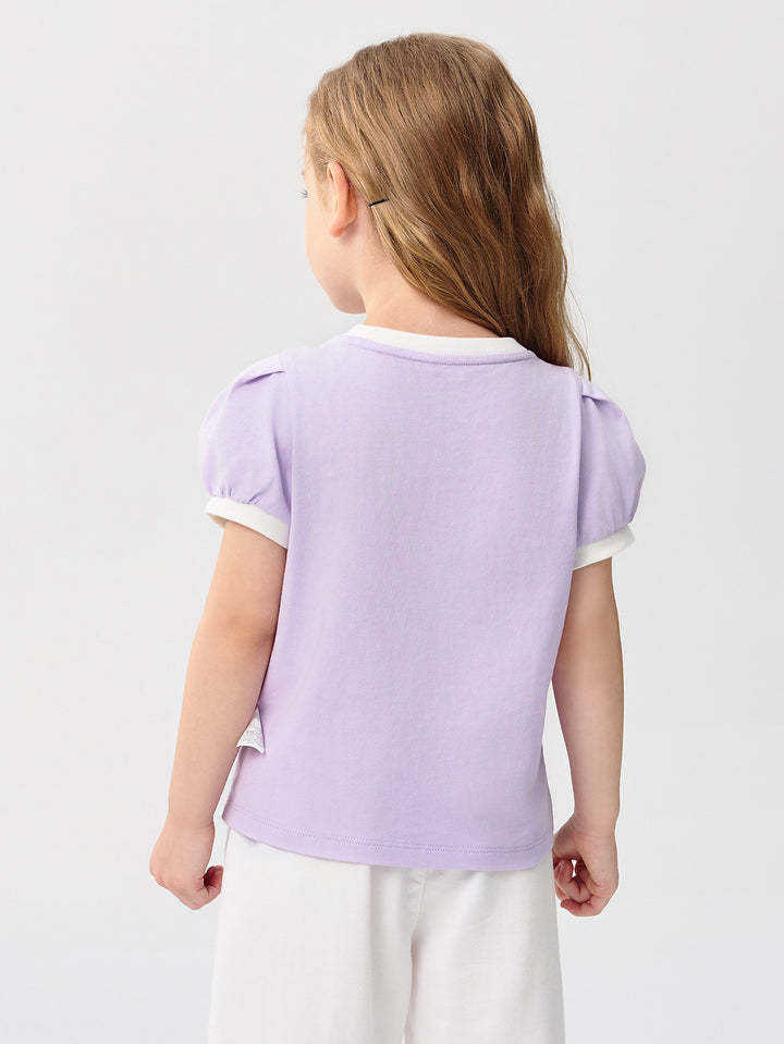 Powder Purple Baby Girl Round V-Neck Short-Sleeved T-Shirt