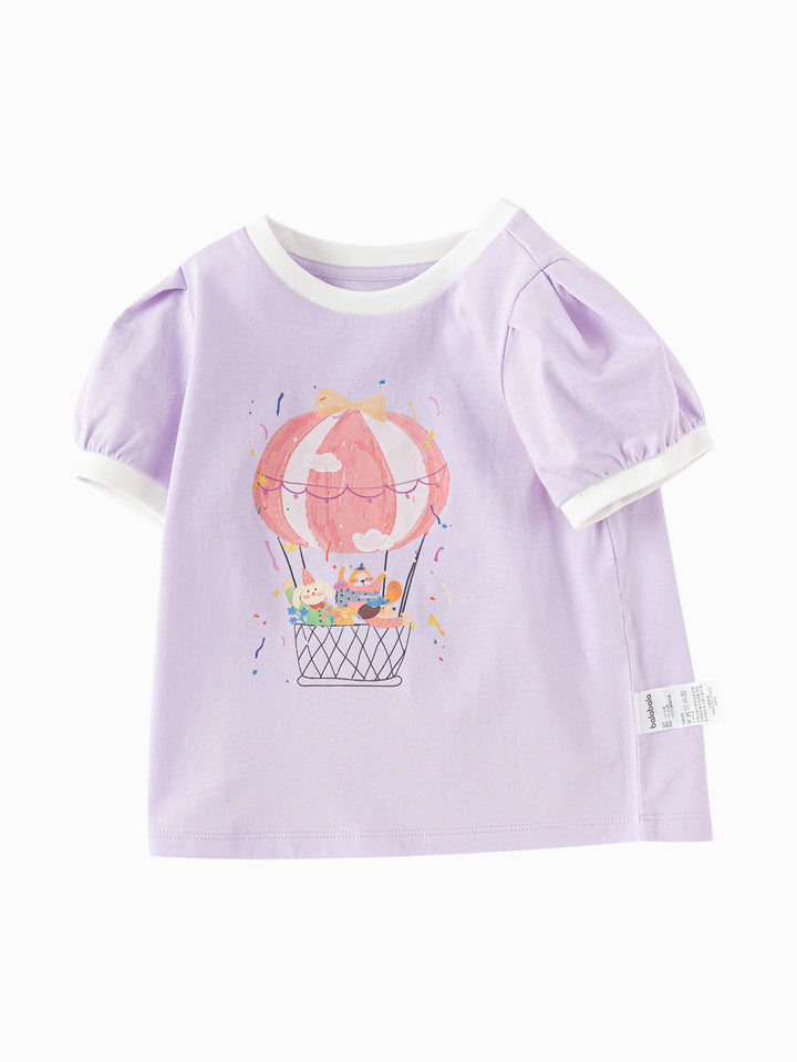 Powder Purple Baby Girl Round V-Neck Short-Sleeved T-Shirt