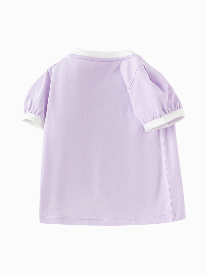 Powder Purple Baby Girl Round V-Neck Short-Sleeved T-Shirt